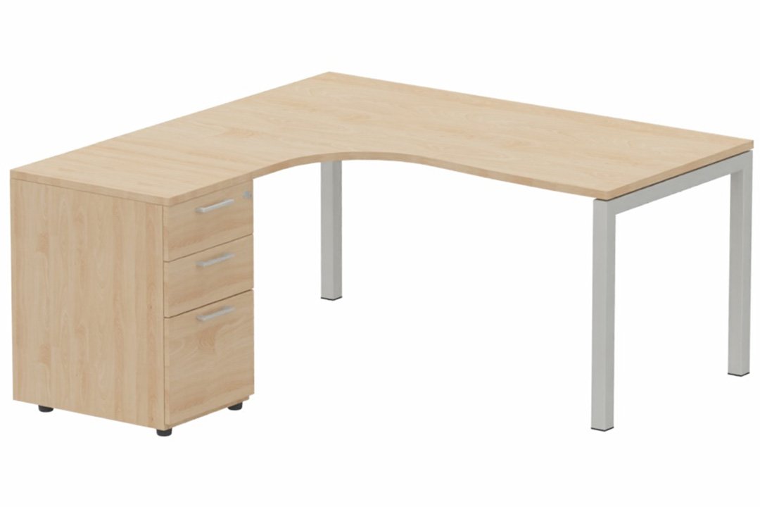 Plan Compact 90° asymétrique 180x162x80/60cm retour à gauche avec caisson HB bois 3 tiroirs hêtre/aluminium