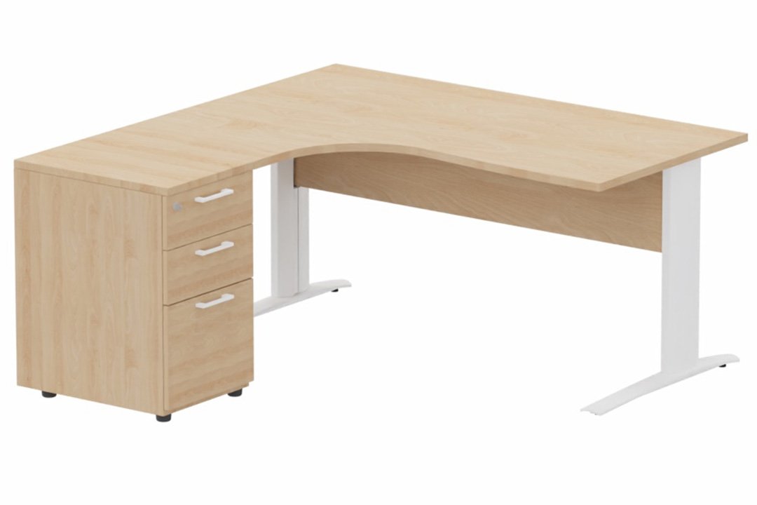 K1 VDF BOIS Compact 90° asymétrique 180x162x80/60cm retour à gauche avec caisson HB bois 3 tiroirs hêtre/blanc