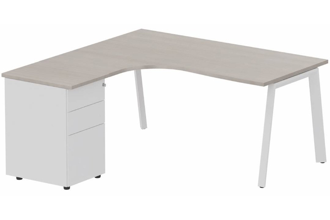 Plan compact 90° asymétrique avec caisson HB métal 160 x 162 x 80 / 60 cm, 3 tiroirs, plateau acacia, structure blanc