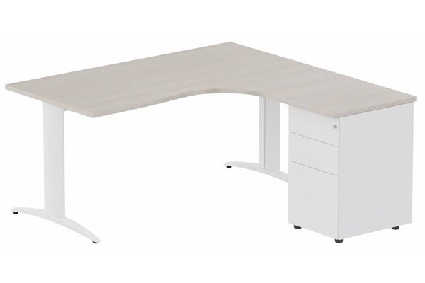 Gamme K2 - Plans compacts - Plan Compact 90° asymétrique 160x162x80/60cm retour à droite avec caisson HB métal 3 tiroirs, acacia/blanc