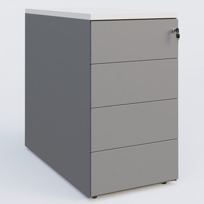 RANGEMENT - CAISSONS  - Caisson hauteur de bureau métalique 4 tiroirs avec top de finition, profondeur 60cm. Plateau Blanc et caisson Aluminium.