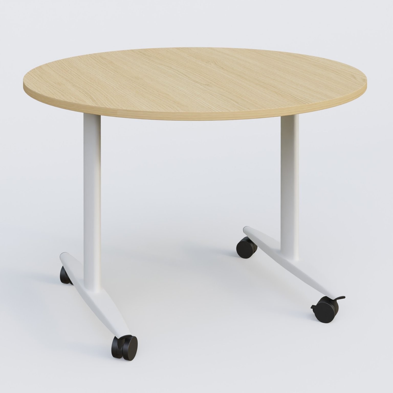 Table ronde abattante gamme Design D110 cm. Plateau Chêne clair et pietement Blanc.