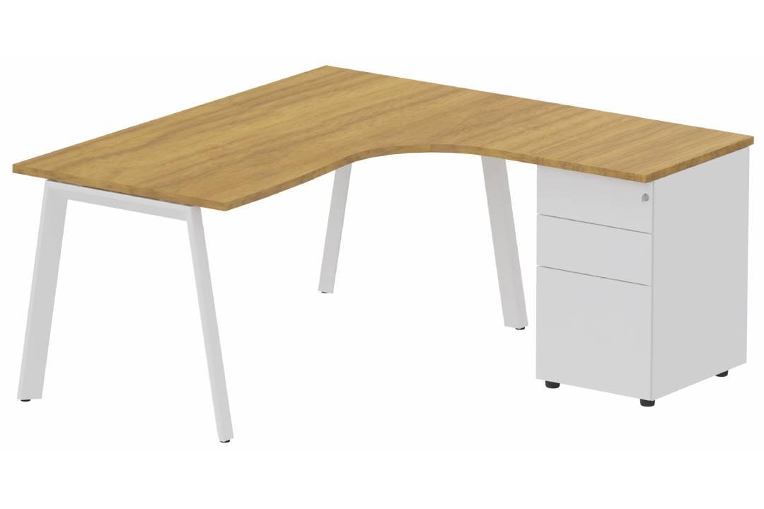 K8 Plan compact 90° asymétrique 160x162x80/ 60cm avec caisson HB métal 3 tiroirs - retour à droite