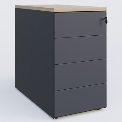 RANGEMENT - CAISSONS  - Caisson hauteur de bureau métalique 4 tiroirs avec top de finition, profondeur 80cm. Plateau Acacia et caisson Anthracite.