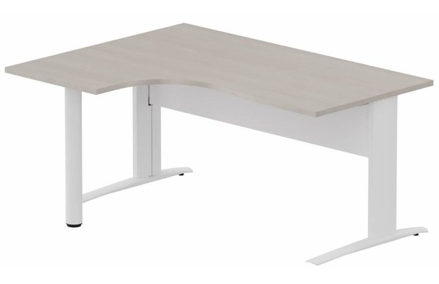 Gamme K1 - Plans compacts - K1 VDF METAL Compact 90° asymétrique 160x120x80/60cm retour à gauche sur pied de soutien, plateau acacia, structure blanc