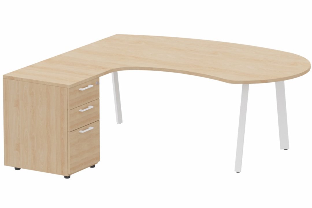 Plan compact 90° manager sur caisson HB bois 190 x 141 x 104 x 60 cm, 3 tiroirs, plateau hêtre, structure blanc