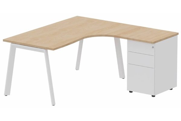 Gamme K8 - Plans compacts - Plan compact 90° asymétrique avec caisson HB métal 180 x 162 x 80 / 60 cm, 3 tiroirs, plateau hêtre, structure blanc