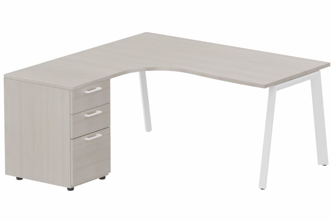 Plan compact 90° asymétrique avec caisson HB bois 160 x 162 x 80 / 60 cm,  3 tiroirs, plateau acacia, structure blanc
