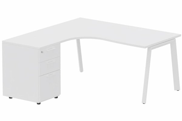 Gamme K8 - Plans compacts - Plan compact 90° asymétrique avec caisson HB bois 180 x 162 x 80 / 60 cm, 3 tiroirs, plateau blanc, structure blanc
