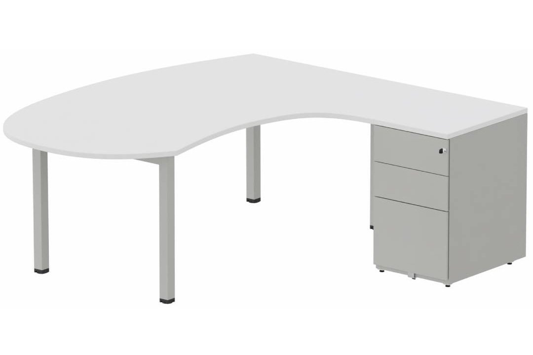 K3 compact 90° manager 190x141x104x60cm sur caisson HB métal 3 tiroirs, plateau blanc, structure aluminium