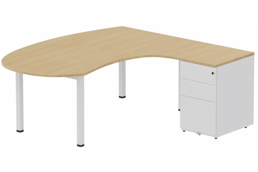 K3- Plan compact 90° asymétrique Manager 190x183x104x60cm avec caisson HB métal 3 tiroirs - retour à droite Finitions- Plateau et top caisson : Chêne (CE) / Piétements et caisson :Blanc (BL)