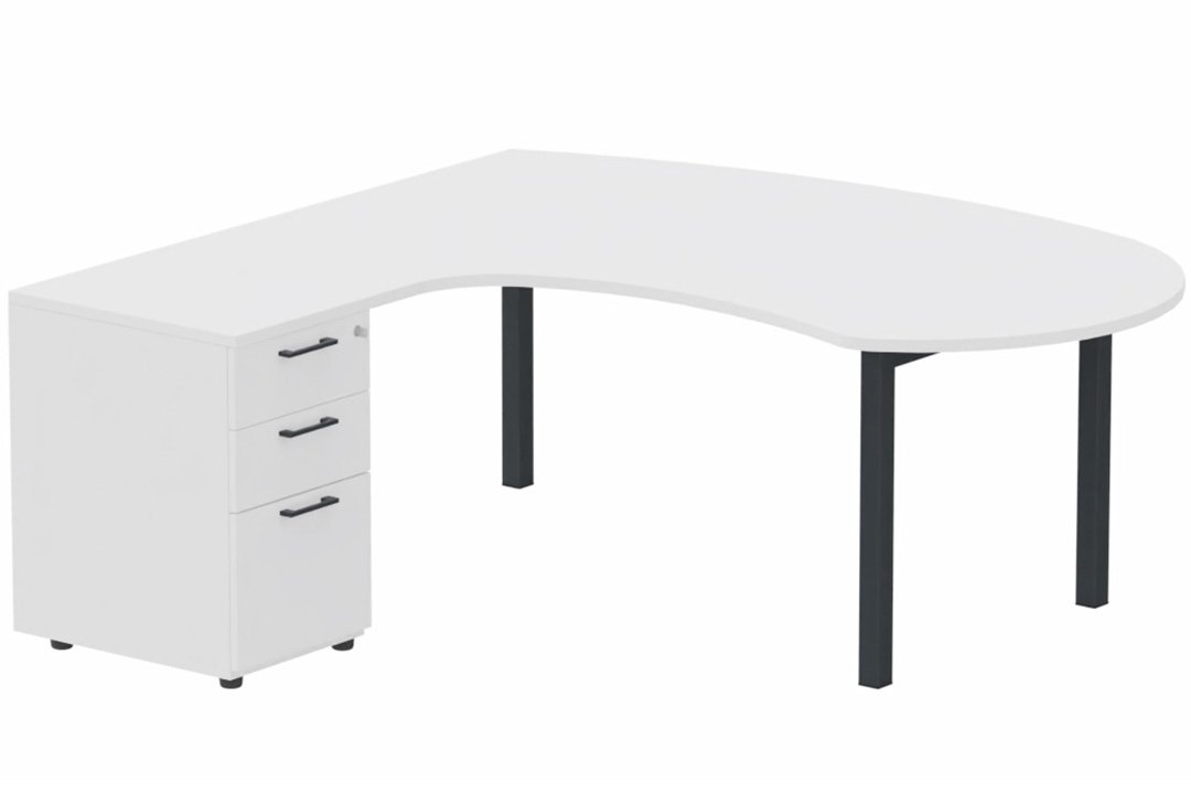 K3 compact 90° manager 190x141x104x60cm sur caisson HB mélamine 3 tiroirs, plateau blanc, structure anthracite