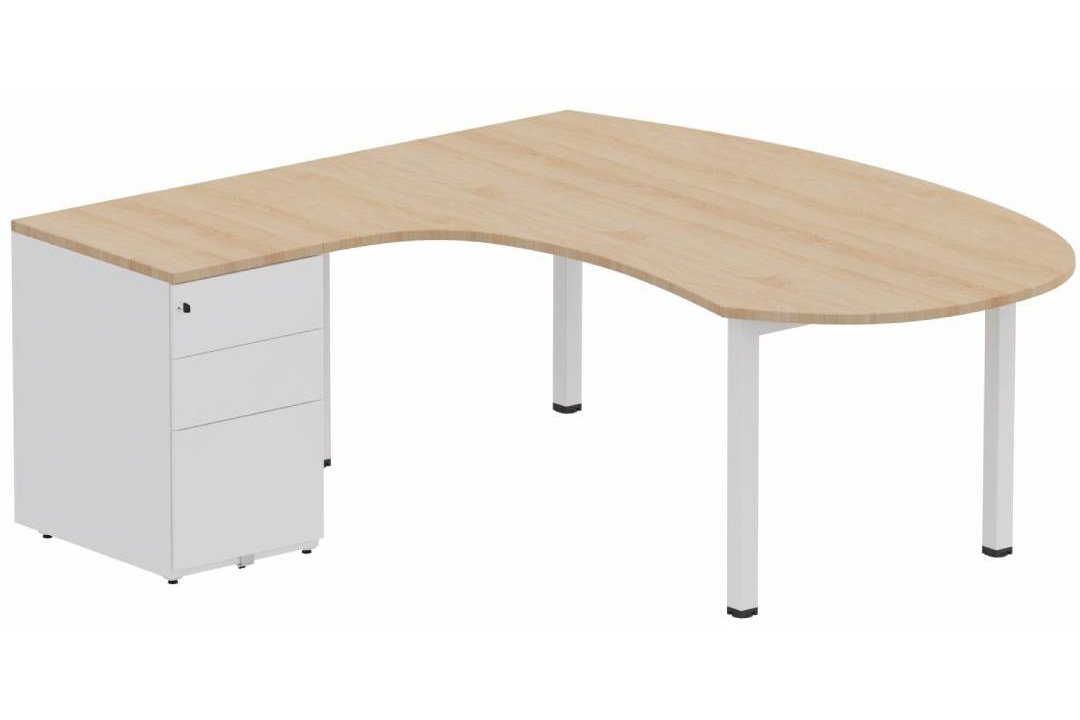 K3 compact 90° manager 190x141x104x60cm sur caisson HB métal 3 tiroirs, plateau hêtre, structure blanc