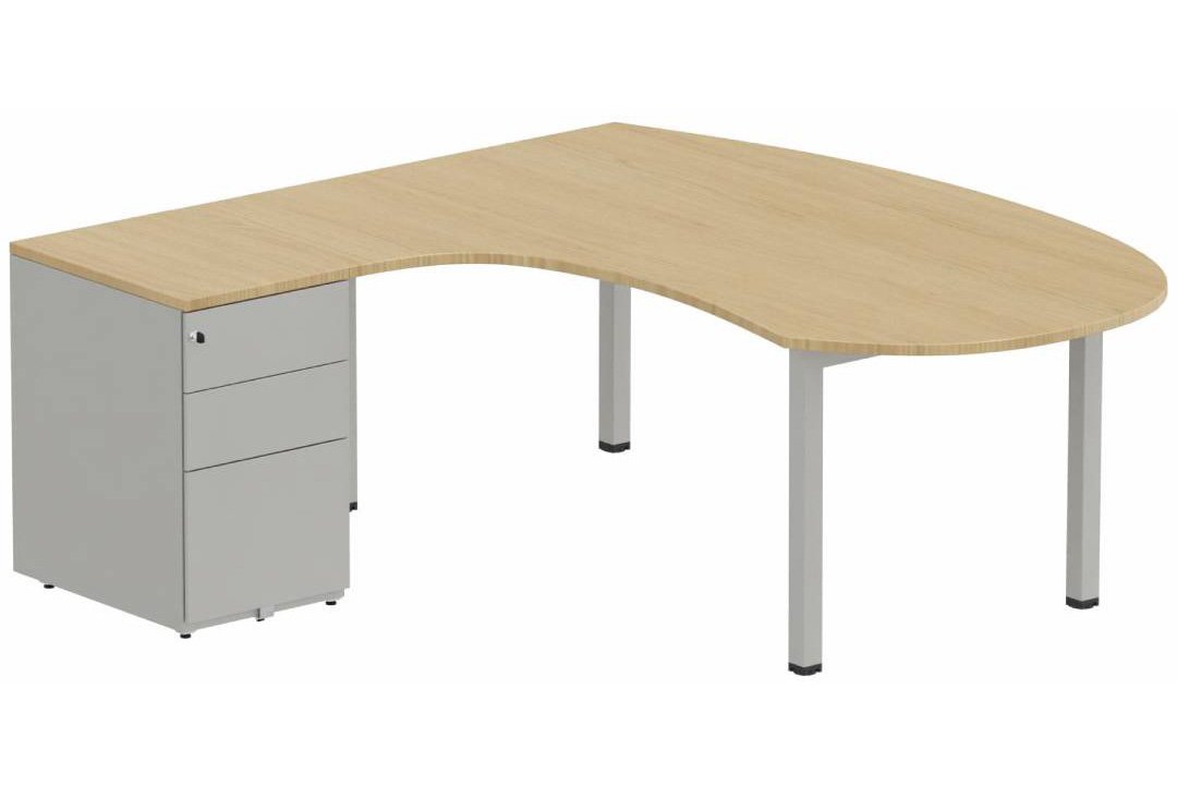 K3 compact 90° manager 190x141x104x60cm sur caisson HB métal 3 tiroirs, plateau chêne, structure aluminium