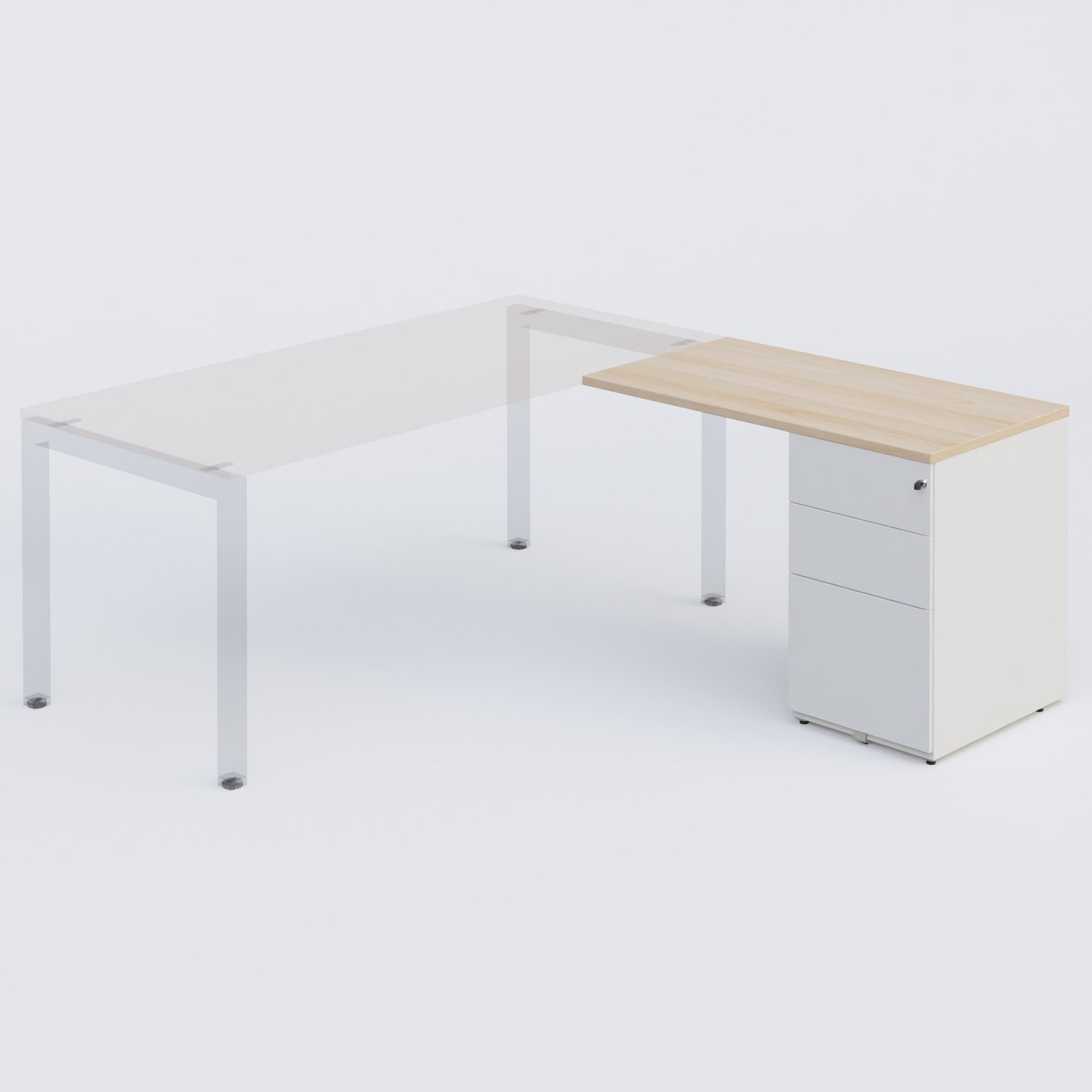 Retour direct 100x60cm sur caisson métal HB P.60cm 3 tiroirs, plateau hêtre, structure blanc