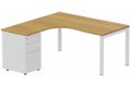 K3- Plan compact 90° asymétrique 160x162x80/60cm avec caisson HB métal 3 tiroirs - retour à gauche -Finitions : PLATEAUX: NOYER (NO) / PIETEMENTS: BLANC (BL) / CAISSONS METALLIQUES: BLANC (BL)