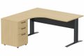 K1 Voile de fond Métal - Plan compact 90° asymétrique 160x162x80/60cm avec caisson HB bois 3 tiroirs - retour à gauche -Finitions : PLATEAUX: CHENE (CE) / PIETEMENTS: ANTHRACITE (AN) / CAISSONS MELAMINE: CHENE (CE)