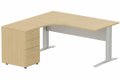 K1 Voile de fond Métal - Plan compact 90° asymétrique 160x162x80/60cm avec caisson HB bois 3 tiroirs - retour à gauche -Finitions : PLATEAUX: CHENE (CE) / PIETEMENTS: ALUMINIUM (AL) / CAISSONS MELAMINE: CHENE (CE)