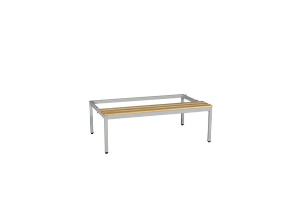VESTIAIRES MONOBLOC STANDARD - Options - Vestiaire STANDARD, option - socle banc fixe pour vestiaire 1 porte L.30cm, hauteur d'assise 42cm, structure coloris gris clair, assise en pin naturel