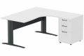 K1 Voile de fond Métal - Plan compact 90° asymétrique 180x162x80/60cm avec caisson HB bois 3 tiroirs - retour à droite -Finitions : PLATEAUX: BLANC (BL) / PIETEMENTS: ANTHRACITE (AN) / CAISSONS MELAMINE: BLANC (BL)