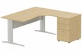 K1 Voile de fond Métal - Plan compact 90° asymétrique 180x162x80/60cm avec caisson HB bois 3 tiroirs - retour à droite -Finitions : PLATEAUX: CHENE (CE) / PIETEMENTS: ALUMINIUM (AL) / CAISSONS MELAMINE: CHENE (CE)