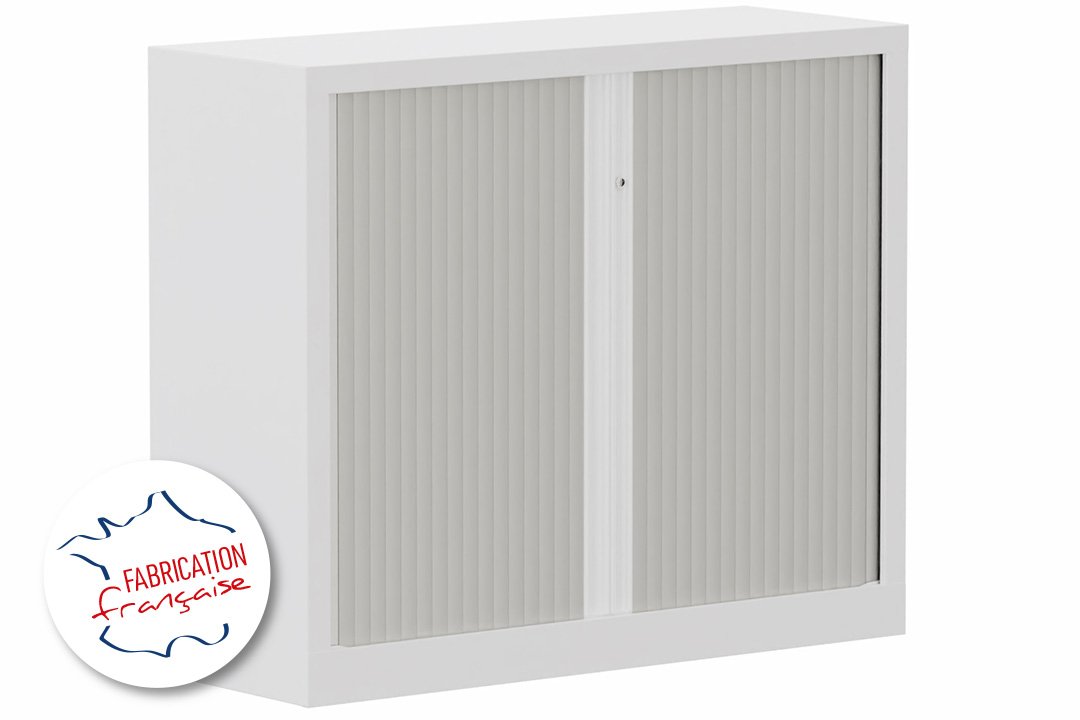 Armoire à rideaux H100xL120cm 2 tablettes, coffre blanc, rideaux acacia
