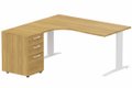 k1 Poutre - Plan compact 90° asymétrique 180x162x80 / 60cm avec caisson HB bois 3 tiroirs - retour à gauche -Finitions : PLATEAUX: NOYER (NO) / PIETEMENTS: BLANC (BL) / CAISSONS MELAMINE: NOYER (NO)