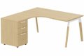 K8Wood Plan compact 90° asymétrique 180x162x80/60cm avec caisson HB bois 3 tiroirs Chêne - retour à gauche - plateau Chêne, piétement blanc / bois