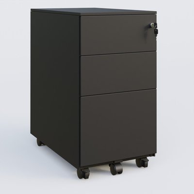 [Pas de famille] - [Pas de sous famille] - Caisson métal slim sur roulettes 3 tiroirs dont 1 DS H60xL30xP52cm/ noir grainé