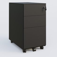 [Pas de famille] - [Pas de sous famille] - Caisson métal slim sur roulettes 3 tiroirs dont 1 DS H60xL30xP52cm/ noir grainé