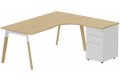 K8Wood Plan compact 90° asymétrique 180x162x80/60cm avec caisson HB métal 3 tiroirs - retour à droite -Finitions = Plateau et top de finition : chêne /Piétements : Blanc / bois (BW) / Caisson: Blanc (BL)