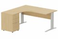 K1 Voile de fond Bois - Plan compact 90° asymétrique 180x162x80/60cm avec caisson HB bois 3 tiroirs - retour à gauche -Finitions : PLATEAUX: CHENE (CE) / PIETEMENTS: ALUMINIUM (AL) / CAISSONS MELAMINE: CHENE (CE)