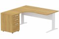 K1 Voile de fond Métal - Plan compact 90° asymétrique 180x162x80/60cm avec caisson HB bois 3 tiroirs - retour à gauche -Finitions : PLATEAUX: NOYER (NO) / PIETEMENTS: BLANC (BL) / CAISSONS MELAMINE: NOYER (NO)