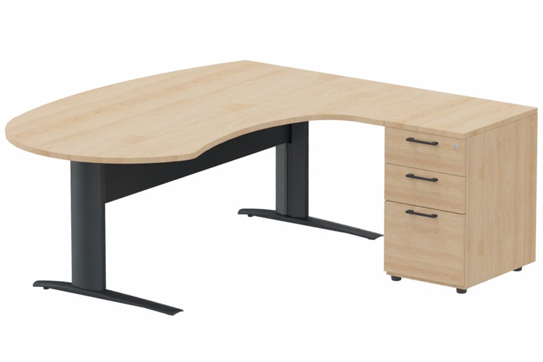 K1 VDF métal compact 90° manager 190x141x104x60cm sur caisson HB mélamine 3 tiroirs, plateau hêtre, structure anthracite