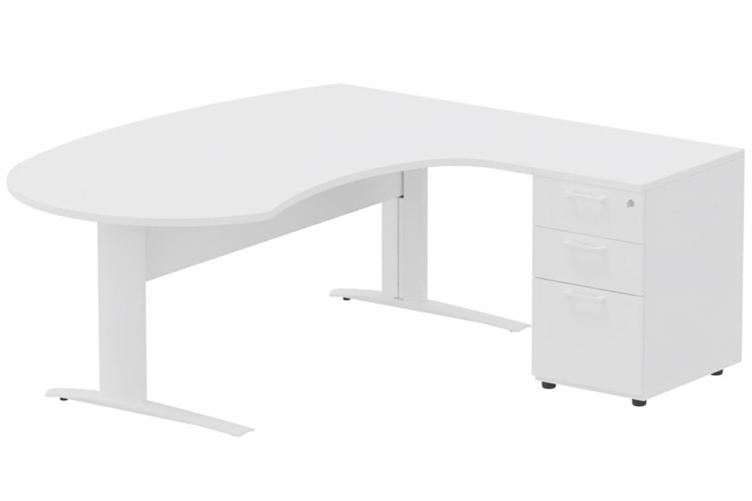 K1 VDF métal compact 90° manager 190x141x104x60cm sur caisson HB mélamine 3 tiroirs, plateau blanc, structure blanc