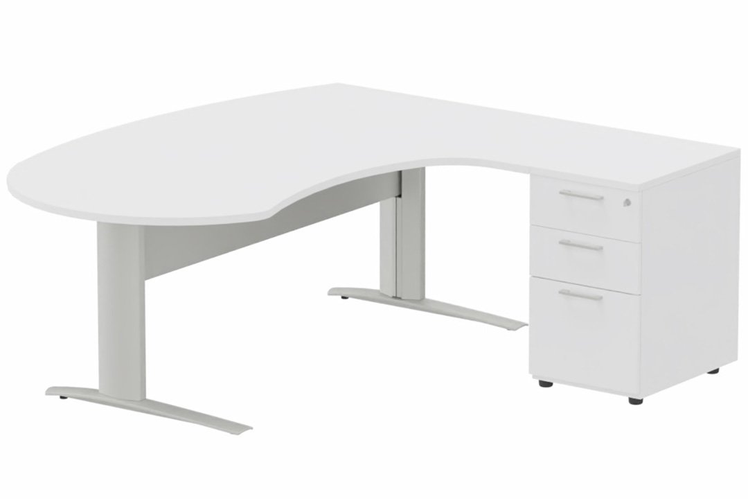 K1 VDF métal compact 90° manager 190x141x104x60cm sur caisson HB mélamine 3 tiroirs, plateau blanc, structure aluminium