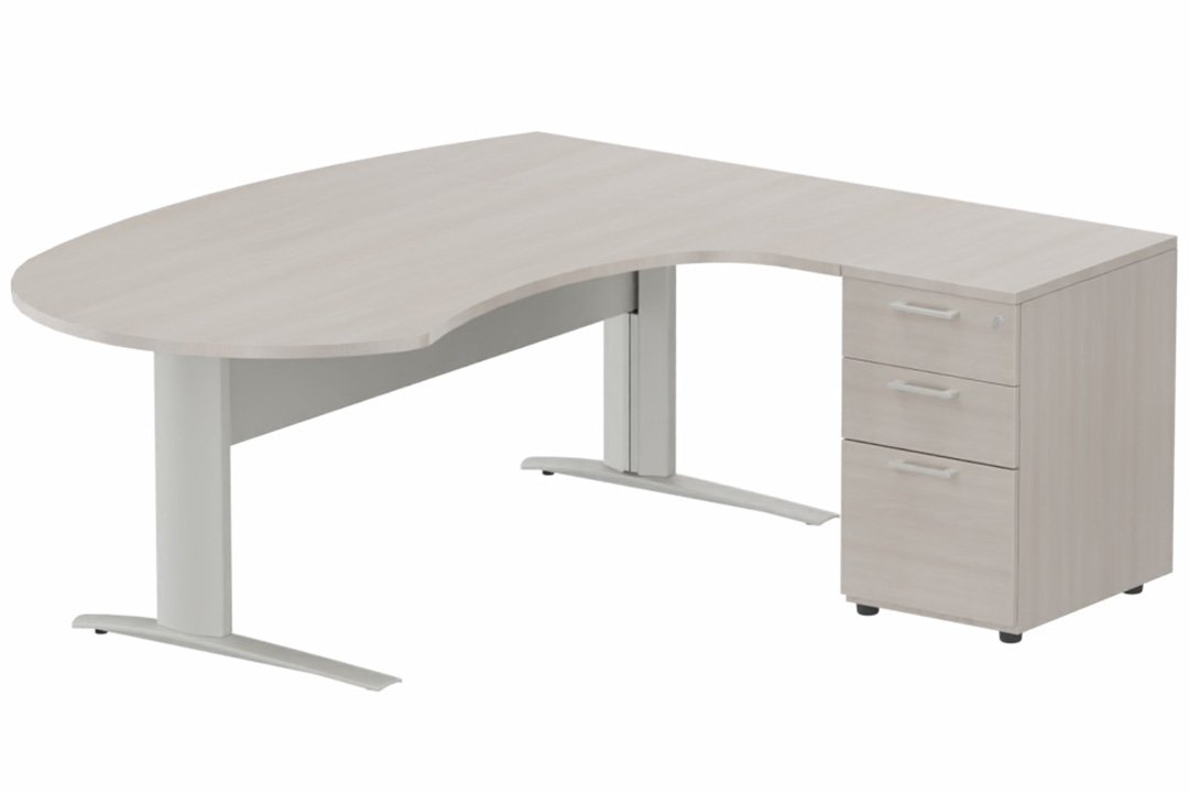 K1 VDF métal compact 90° manager 190x141x104x60cm sur caisson HB mélamine 3 tiroirs, plateau acacia, structure aluminium