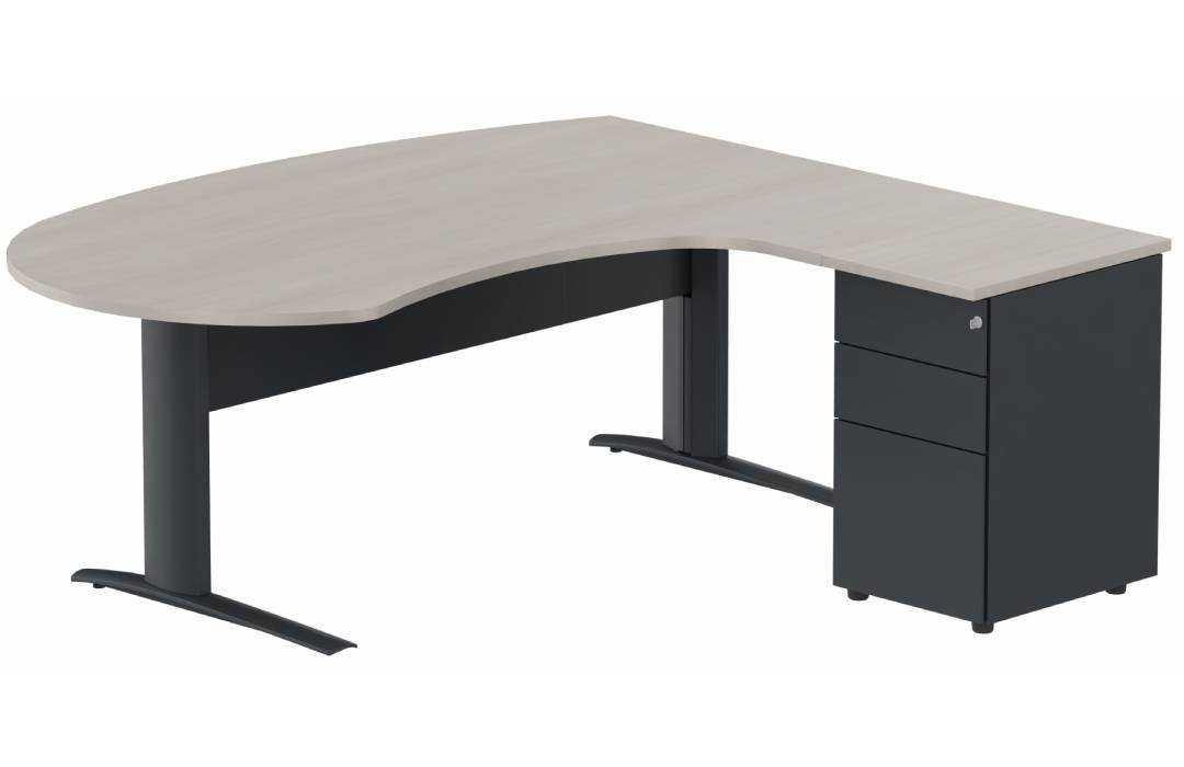 K1 VDF métal compact 90° manager 190x141x104x60cm sur caisson HB métal 3 tiroirs, plateau acacia, structure anthracite
