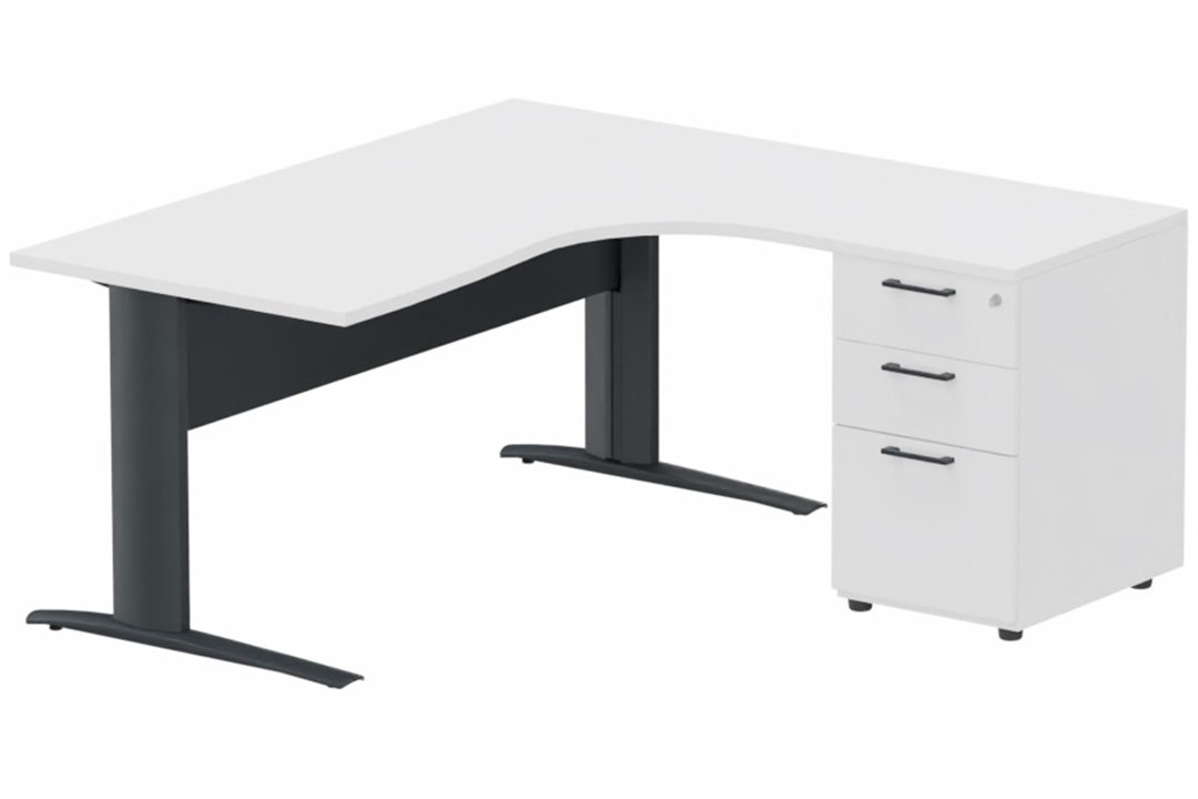 K1 Voile de fond Métal - Plan compact 90° asymétrique 180x162x80/60cm avec caisson HB bois 3 tiroirs - retour à droite -Finitions : PLATEAUX: BLANC (BL) / PIETEMENTS: ANTHRACITE (AN) / CAISSONS MELAMINE: BLANC (BL)