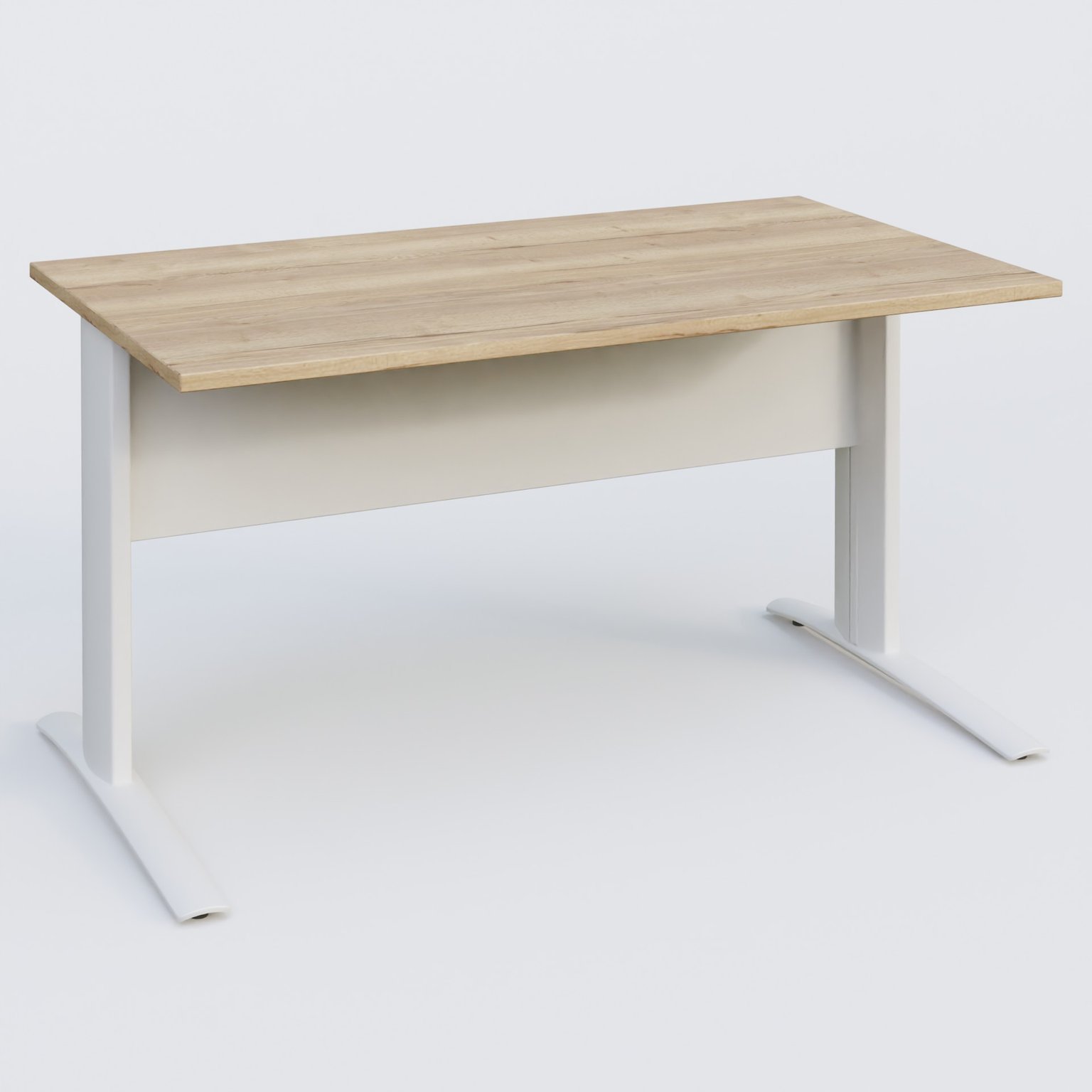 K1 Plateau droit 140x80 avec voile de fond métal. Plateau Chêne naturel et pietement Blanc