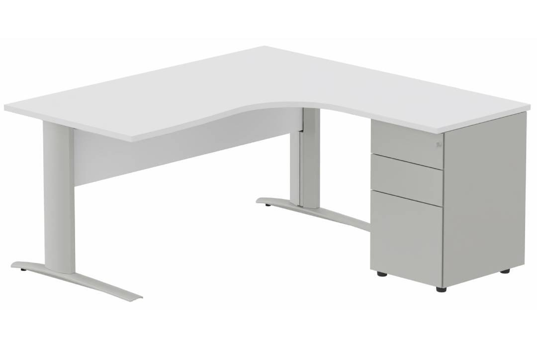 K1 VDF BOIS Compact 90° asymétrique 180x162x80/60cm retour à droite avec caisson HB métal 3 tiroirs blanc/aluminium - sur d