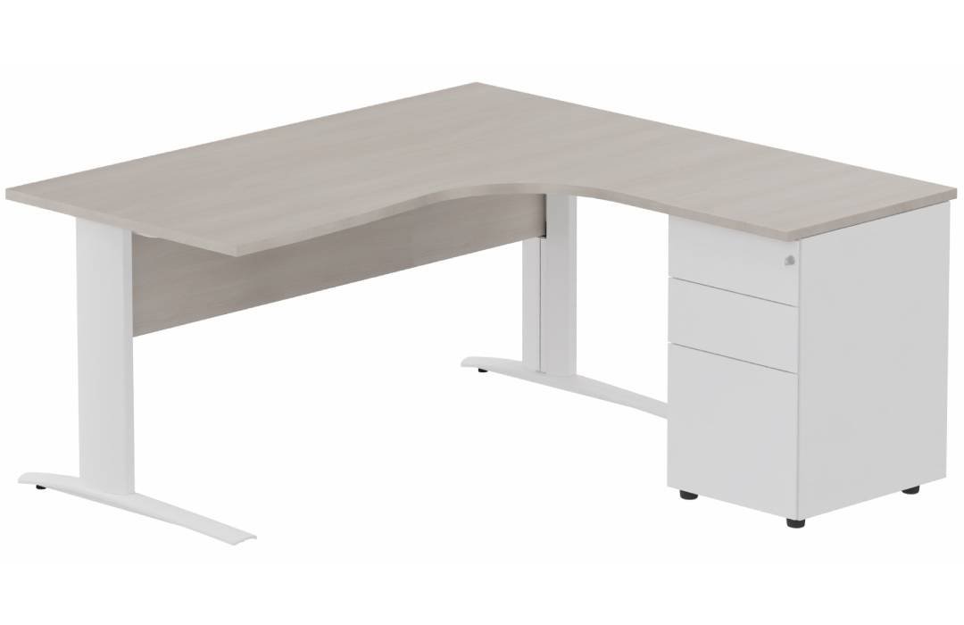 K1 VDF BOIS Compact 90° asymétrique 180x162x80/60cm retour à droite avec caisson HB métal 3 tiroirs, plateau acacia, structu