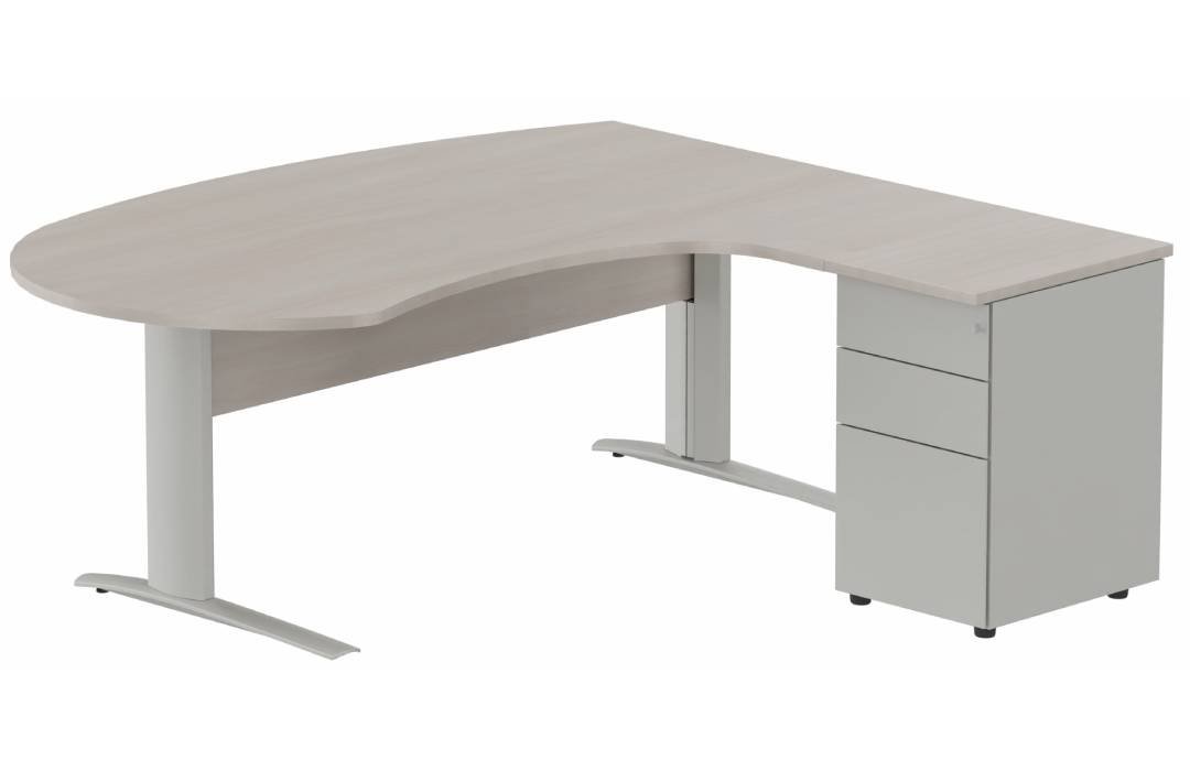 K1 VDF bois compact 90° manager 190x141x104x60cm sur caisson HB métal 3 tiroirs, plateau acacia, structure aluminium
