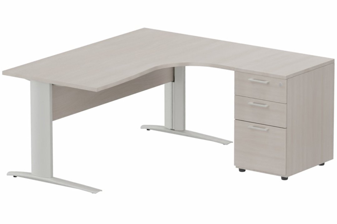K1 VDF BOIS Compact 90° asymétrique 160x162x80/60cm retour à droite avec caisson HB bois 3 tiroirs, plateau acacia, structure