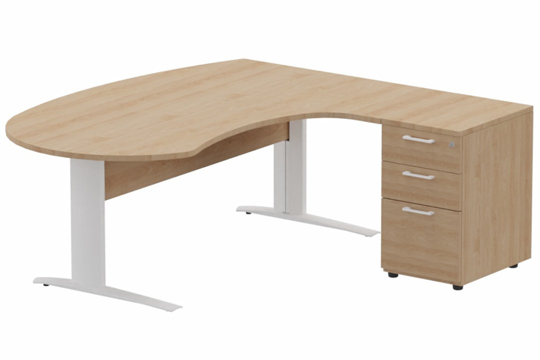 K1 VDF bois compact 90° manager 190x141x104x60cm sur caisson HB mélamine 3 tiroirs, plateau hêtre, structure blanc
