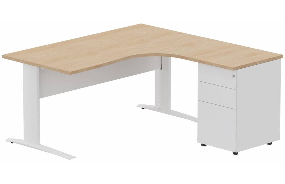 K1 VDF METAL Compact 90° asymétrique 160x162x80/60cm retour à droite avec caisson HB métal 3 tiroirs hêtre/blanc