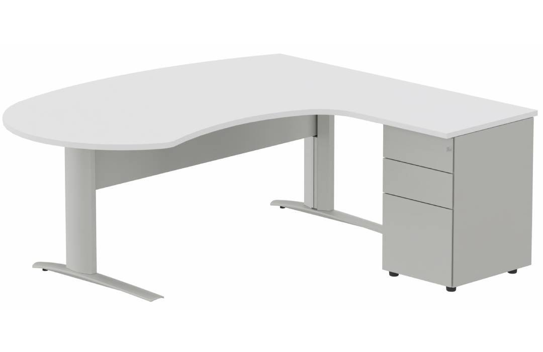 K1 VDF métal compact 90° manager 190x141x104x60cm sur caisson HB métal 3 tiroirs, plateau blanc, structure aluminium