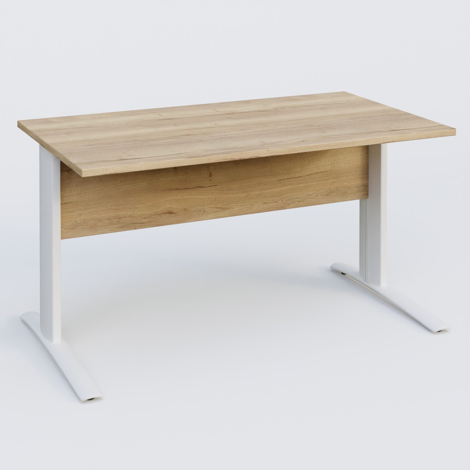 K1 Plateau droit 140x80 avec voile de fond bois. Plateau Chêne naturel et pietement Blanc