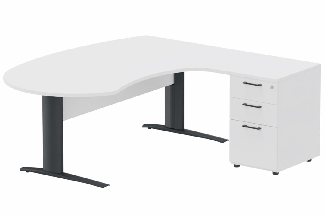 K1 VDF bois compact 90° manager 190x141x104x60cm sur caisson HB mélamine 3 tiroirs, plateau blanc, structure anthracite