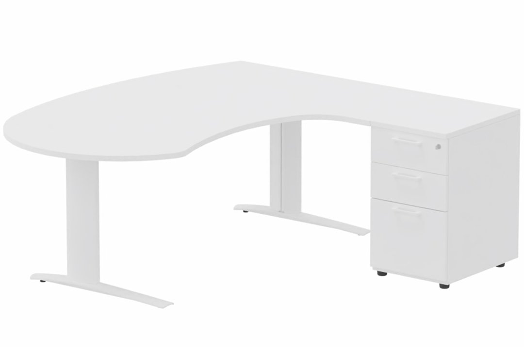 K1 POUTRE compact 90° manager 190x141x104x60cm sur caisson HB mélamine 3 tiroirs, plateau blanc, structure blanc